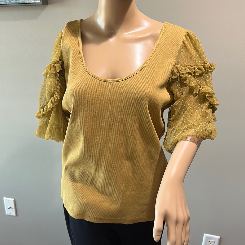 Anthropologie Mauve short sleeve sweater ruffle tulle sleeve new with tags XL